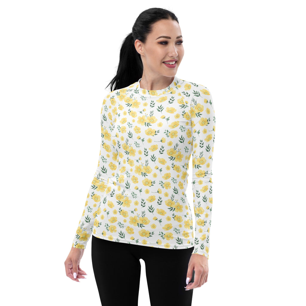 Women's Yellow Flowers Long Sleeve Rash Guard Swim Shirt – Buttery Soft, Sun Safe UPF 50+ Protection, Quick Dry & 4-Way Stretch Comfort