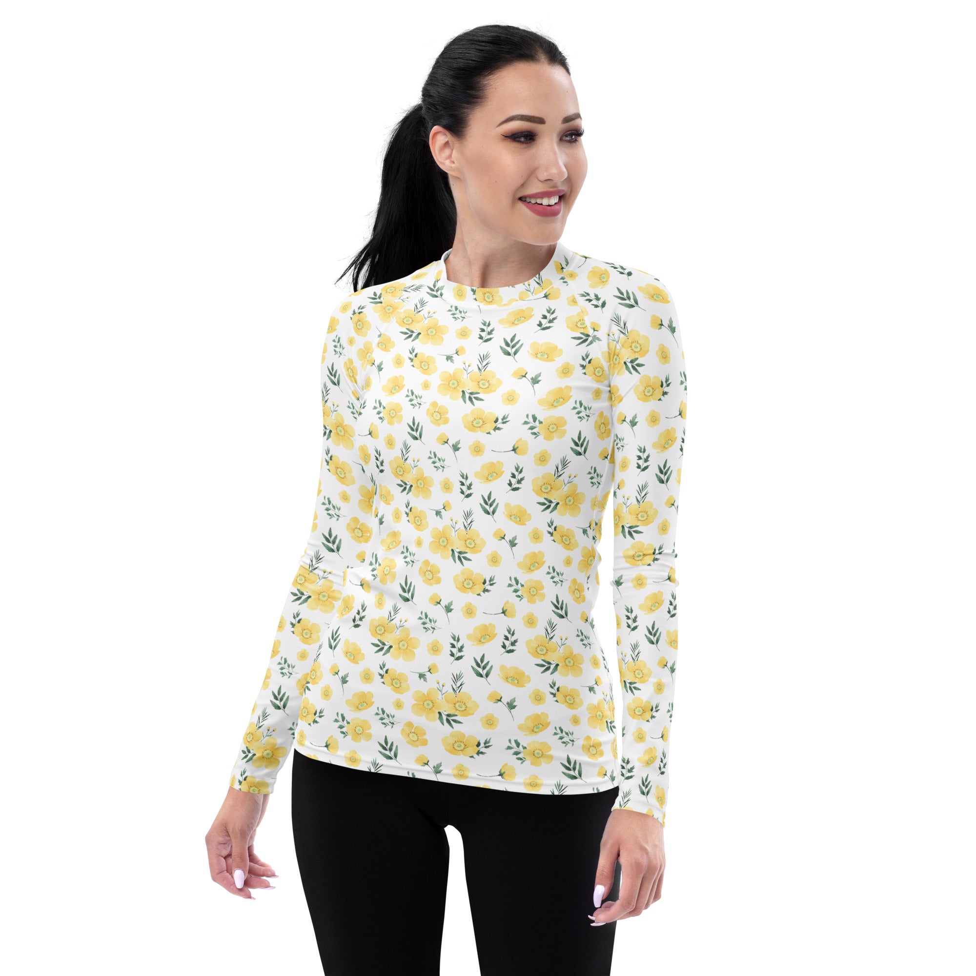 Women's Yellow Flowers Long Sleeve Rash Guard Swim Shirt – Buttery Soft, Sun Safe UPF 50+ Protection, Quick Dry & 4-Way Stretch Comfort