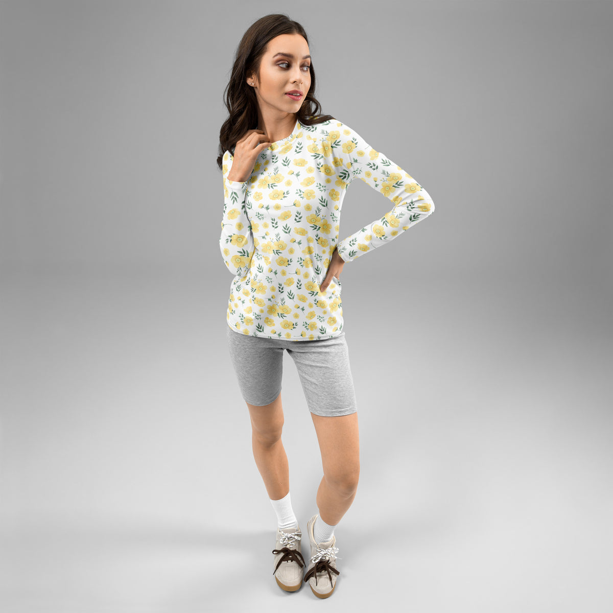 Women's Yellow Flowers Long Sleeve Rash Guard Swim Shirt – Buttery Soft, Sun Safe UPF 50+ Protection, Quick Dry & 4-Way Stretch Comfort