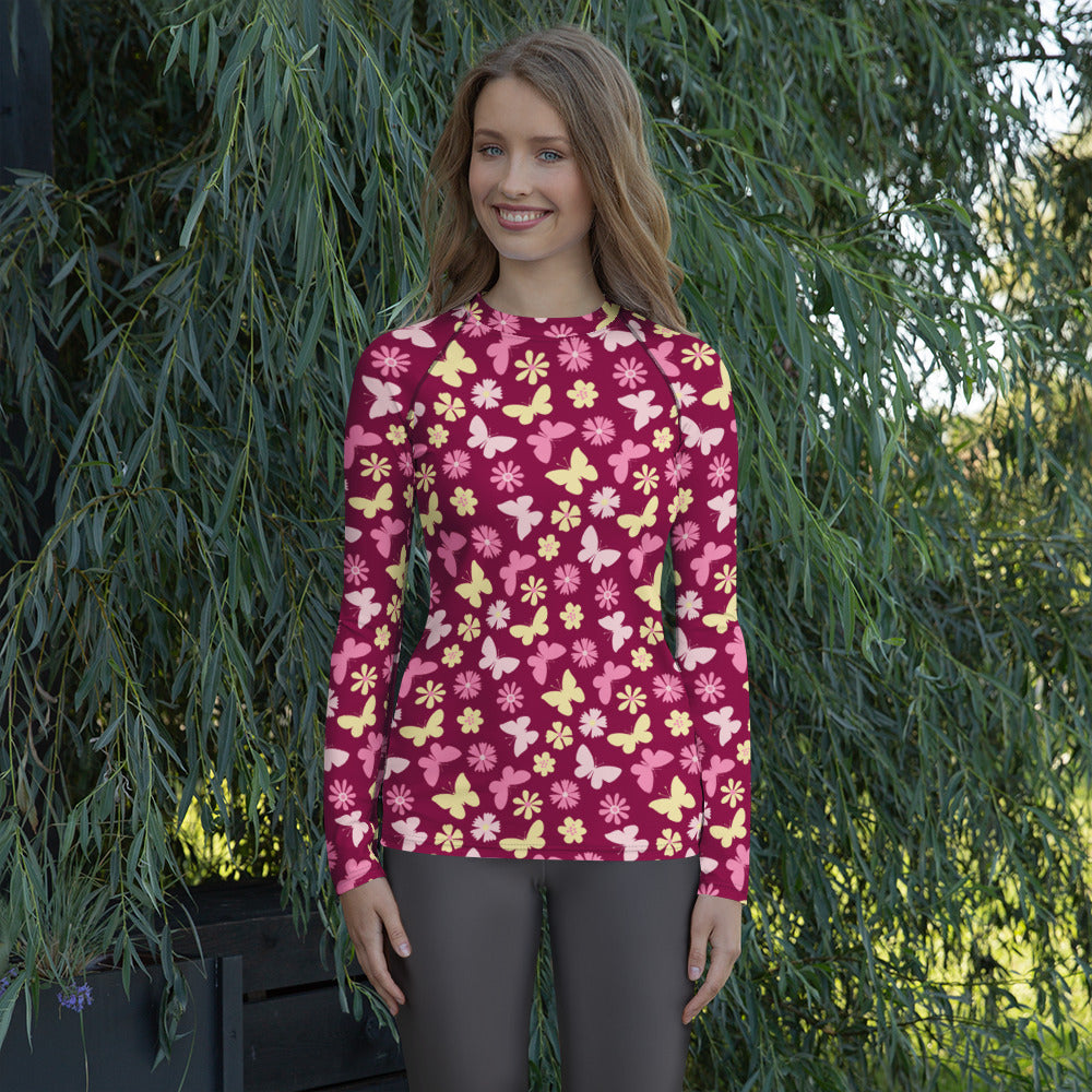 Women's Burgundy Pink Floral Butterfly Long Sleeve Rash Guard Swim Shirt – Buttery Soft, Sun Safe UPF 50+ Protection, Quick Dry & 4-Way Stretch Comfort