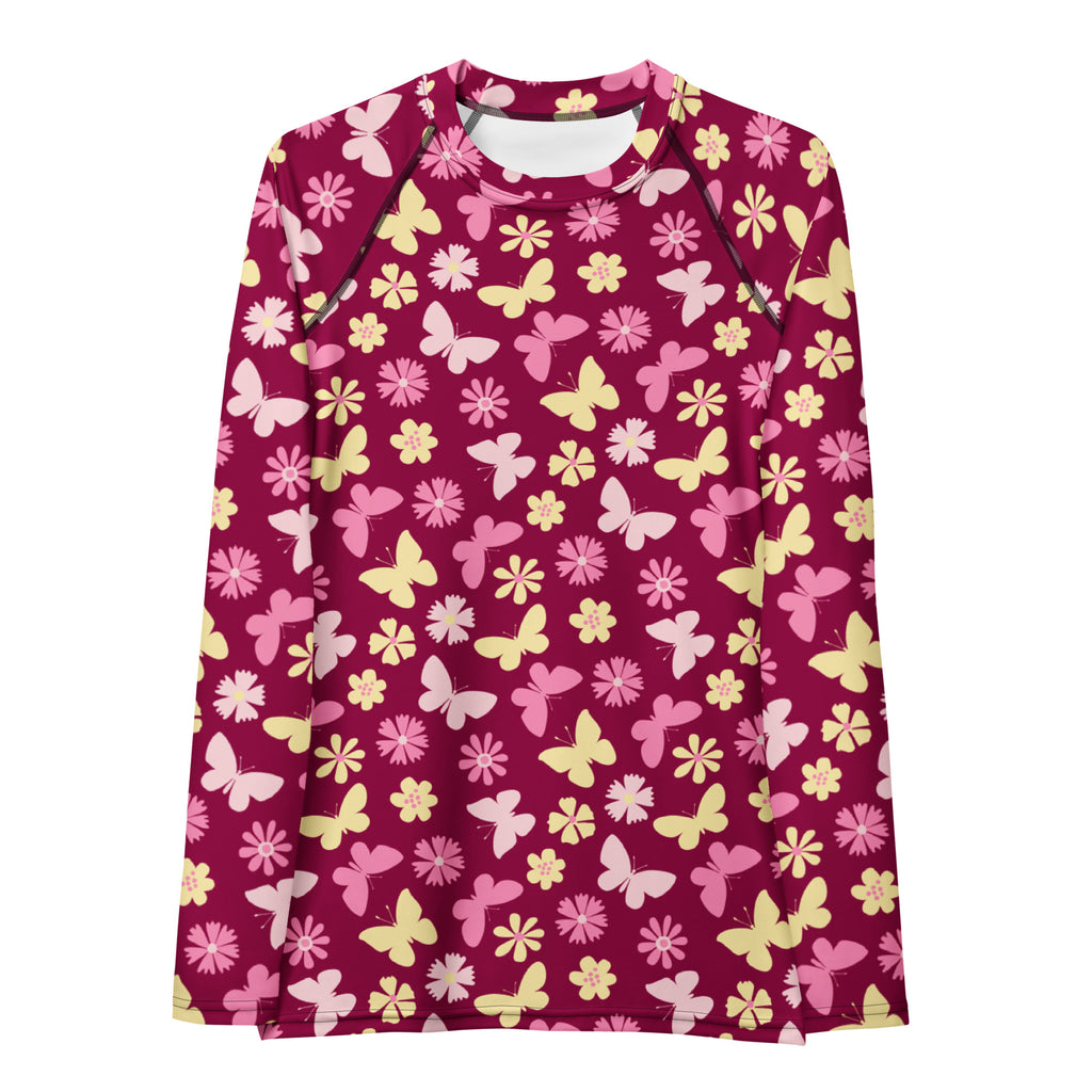 Women's Burgundy Pink Floral Butterfly Long Sleeve Rash Guard Swim Shirt – Buttery Soft, Sun Safe UPF 50+ Protection, Quick Dry & 4-Way Stretch Comfort