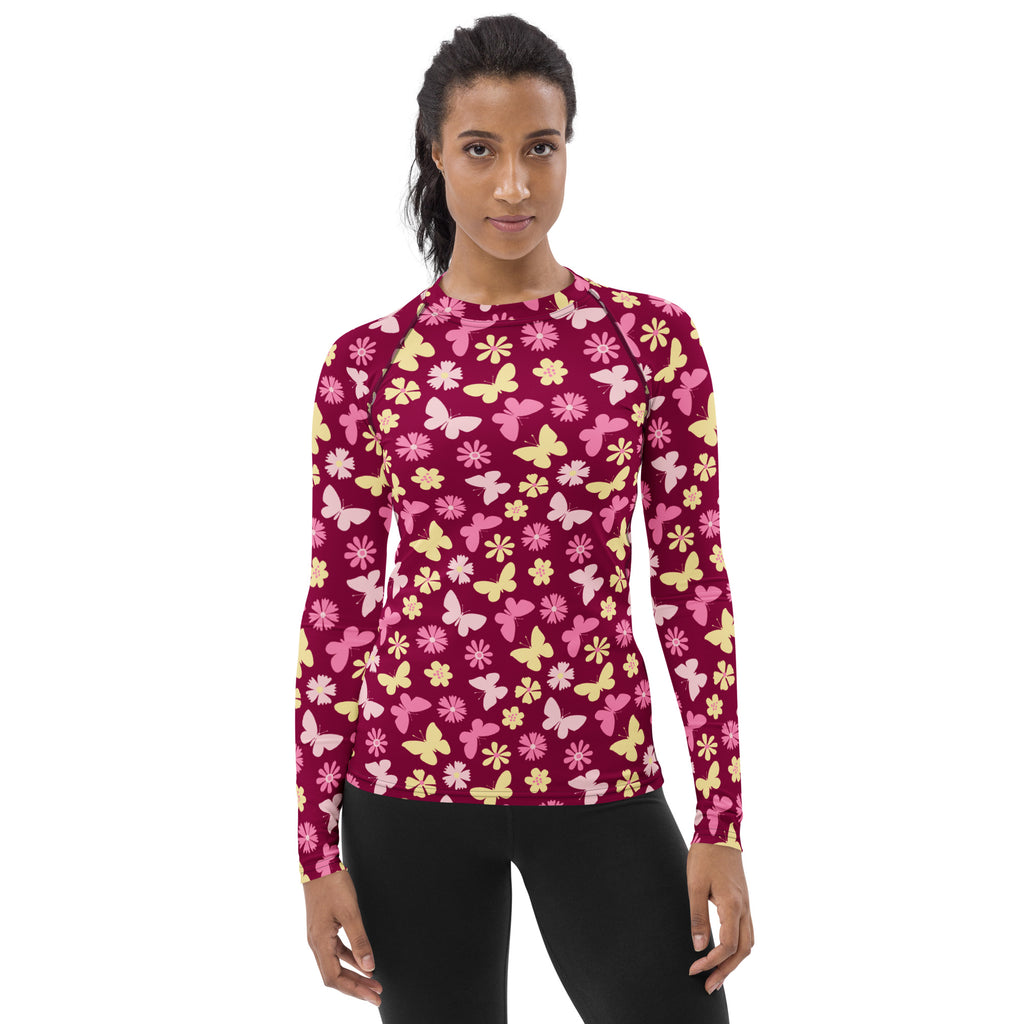 Women's Burgundy Pink Floral Butterfly Long Sleeve Rash Guard Swim Shirt – Buttery Soft, Sun Safe UPF 50+ Protection, Quick Dry & 4-Way Stretch Comfort