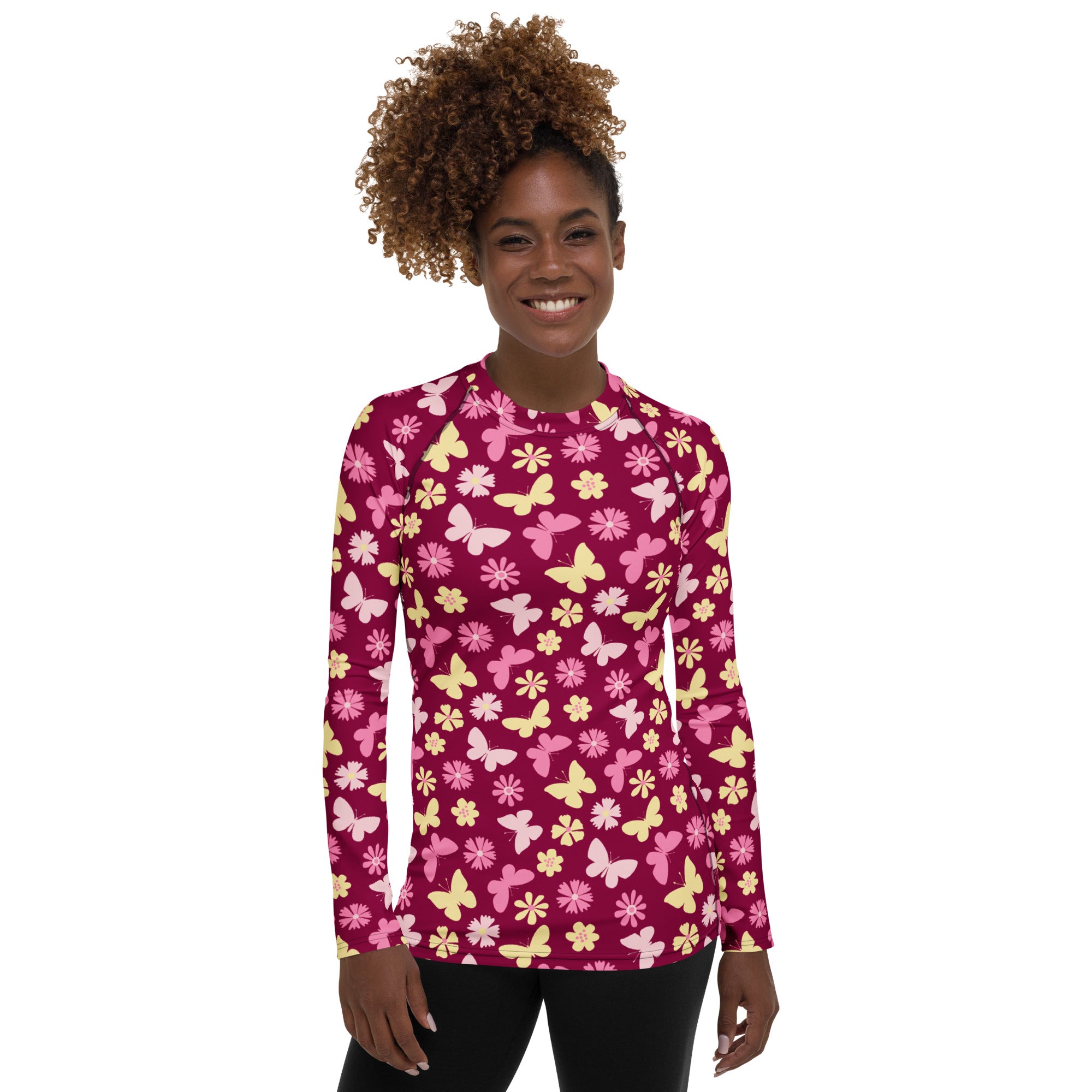 Women's Burgundy Pink Floral Butterfly Long Sleeve Rash Guard Swim Shirt – Buttery Soft, Sun Safe UPF 50+ Protection, Quick Dry & 4-Way Stretch Comfort