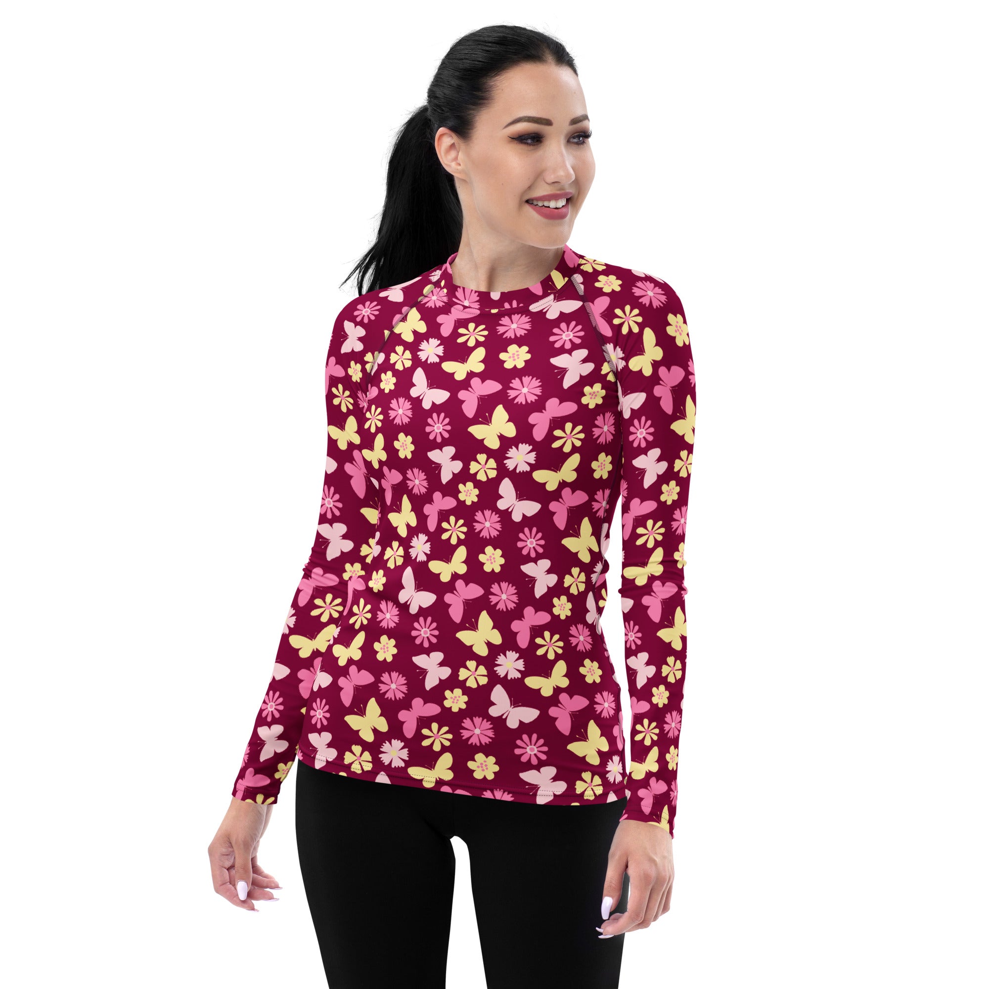 Women's Burgundy Pink Floral Butterfly Long Sleeve Rash Guard Swim Shirt – Buttery Soft, Sun Safe UPF 50+ Protection, Quick Dry & 4-Way Stretch Comfort