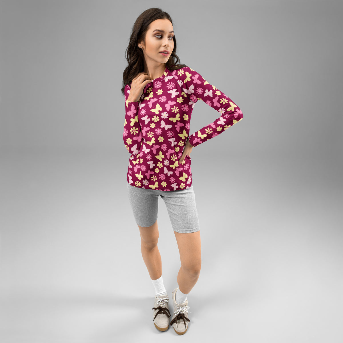 Women's Burgundy Pink Floral Butterfly Long Sleeve Rash Guard Swim Shirt – Buttery Soft, Sun Safe UPF 50+ Protection, Quick Dry & 4-Way Stretch Comfort