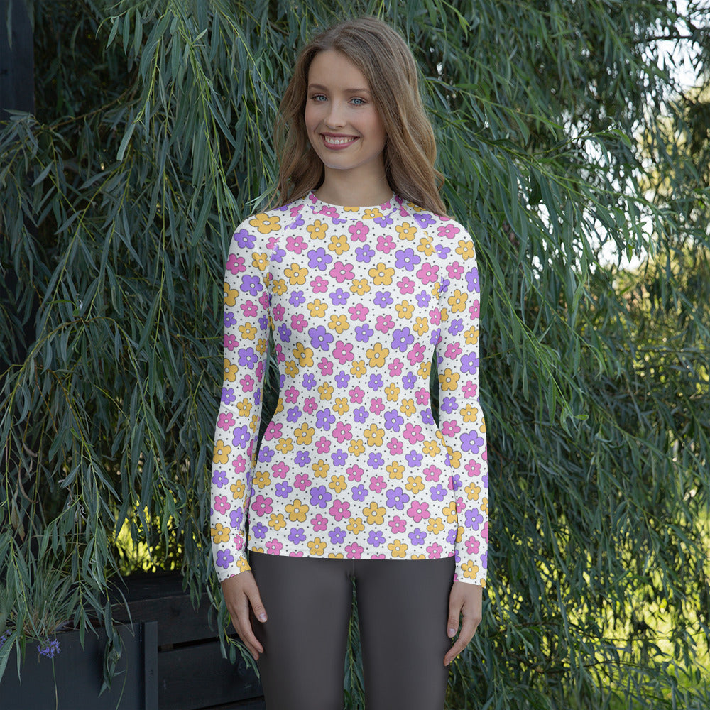 Women's Pink Purple Yellow Retro Flower Long Sleeve Rash Guard Swim Shirt – Buttery Soft, Sun Safe UPF 50+ Protection, Quick Dry & 4-Way Stretch Comfort