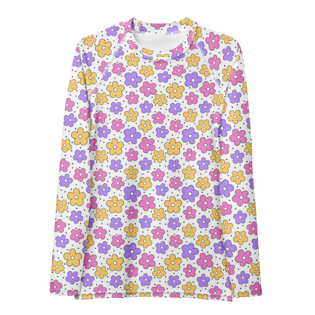 Women's Pink Purple Yellow Retro Flower Long Sleeve Rash Guard Swim Shirt – Buttery Soft, Sun Safe UPF 50+ Protection, Quick Dry & 4-Way Stretch Comfort