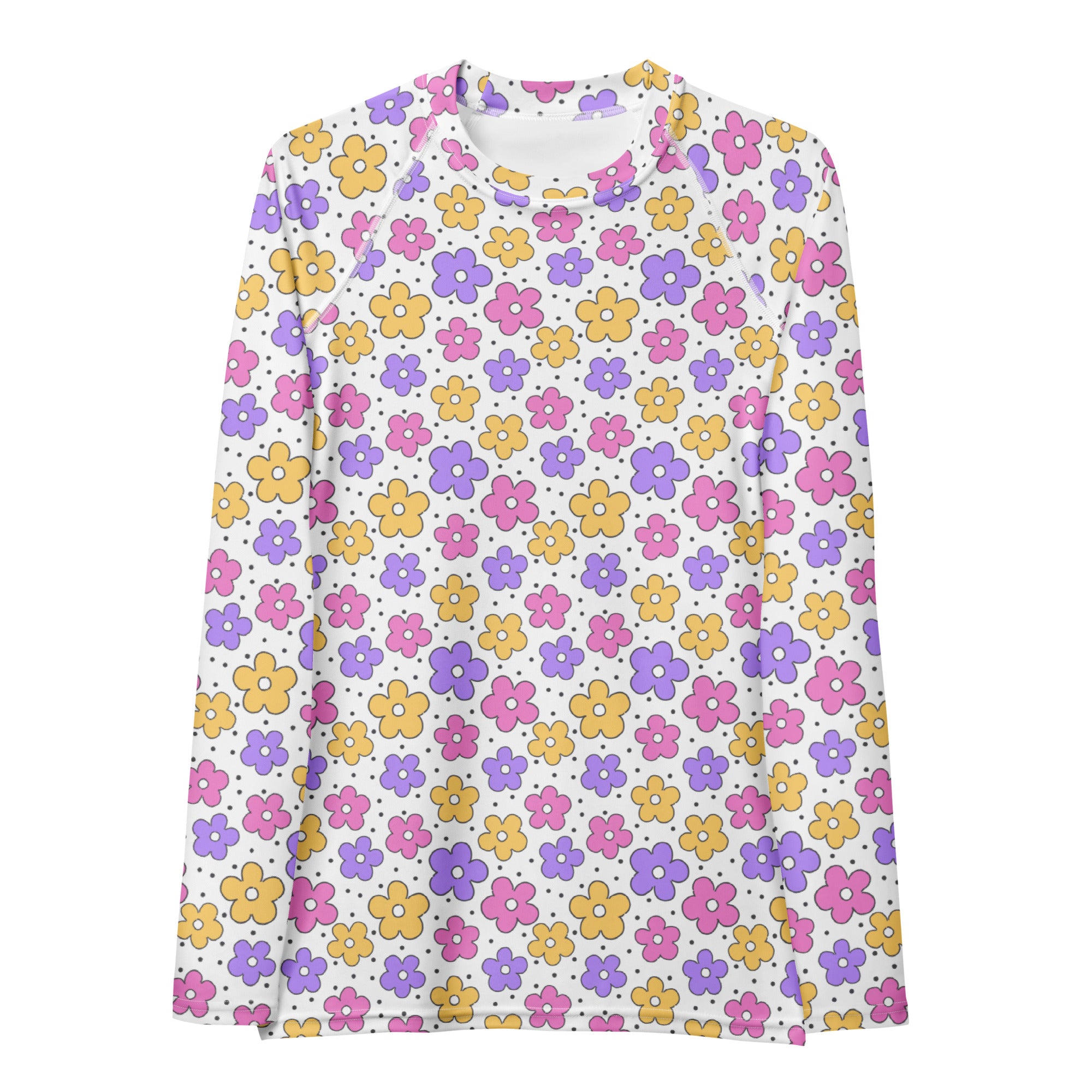 Women's Pink Purple Yellow Retro Flower Long Sleeve Rash Guard Swim Shirt – Buttery Soft, Sun Safe UPF 50+ Protection, Quick Dry & 4-Way Stretch Comfort