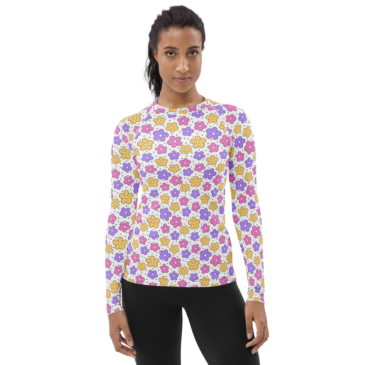 Women's Pink Purple Yellow Retro Flower Long Sleeve Rash Guard Swim Shirt – Buttery Soft, Sun Safe UPF 50+ Protection, Quick Dry & 4-Way Stretch Comfort