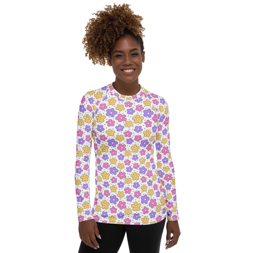 Women's Pink Purple Yellow Retro Flower Long Sleeve Rash Guard Swim Shirt – Buttery Soft, Sun Safe UPF 50+ Protection, Quick Dry & 4-Way Stretch Comfort