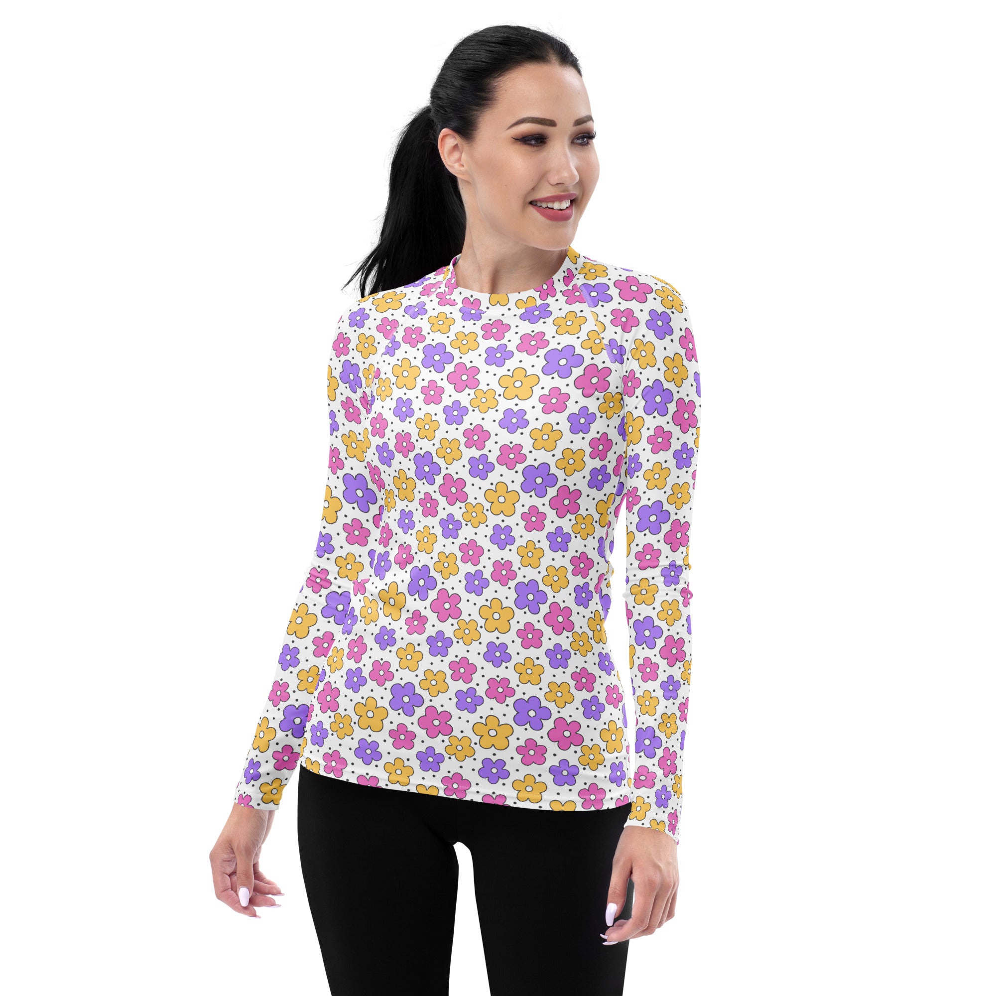 Women's Pink Purple Yellow Retro Flower Long Sleeve Rash Guard Swim Shirt – Buttery Soft, Sun Safe UPF 50+ Protection, Quick Dry & 4-Way Stretch Comfort
