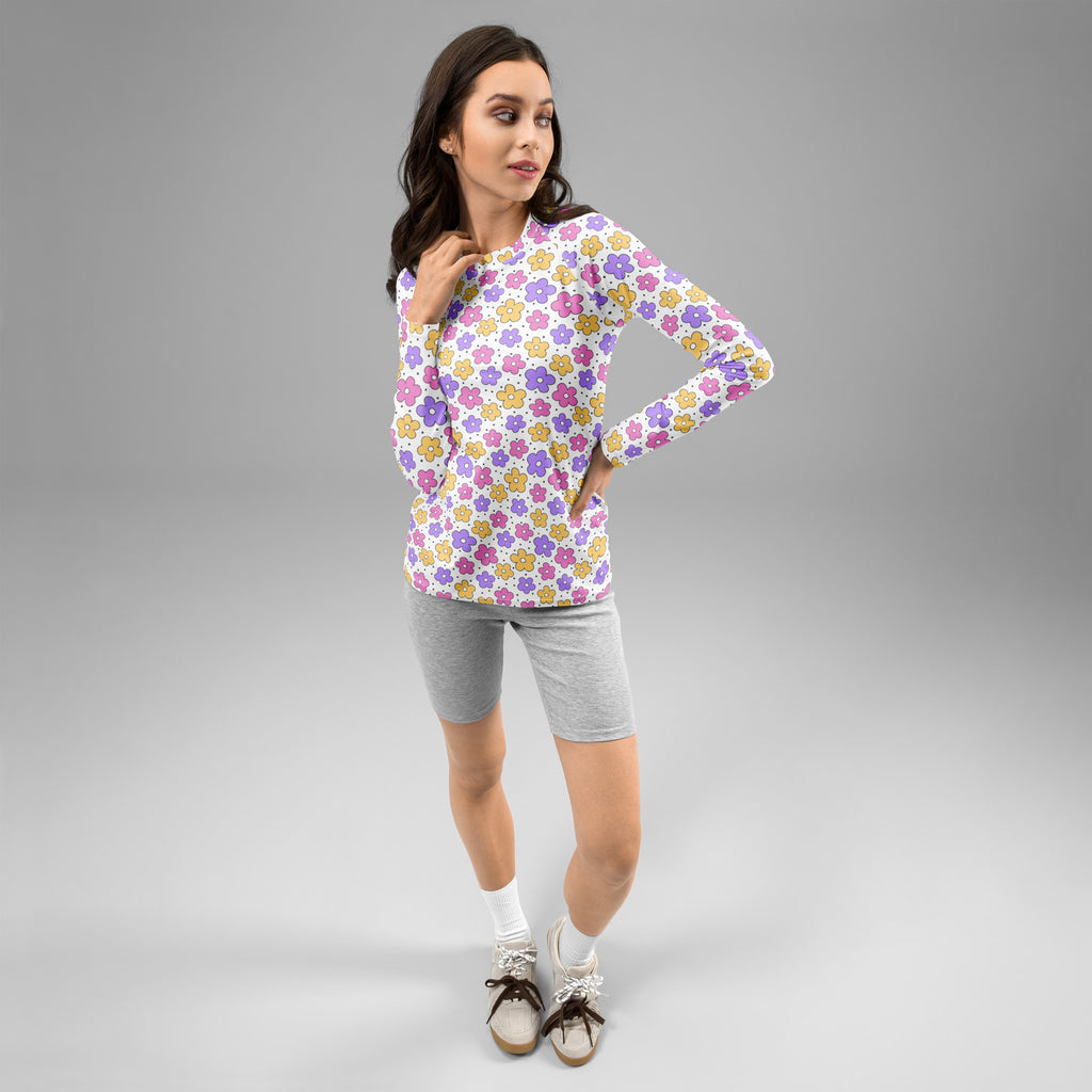Women's Pink Purple Yellow Retro Flower Long Sleeve Rash Guard Swim Shirt – Buttery Soft, Sun Safe UPF 50+ Protection, Quick Dry & 4-Way Stretch Comfort