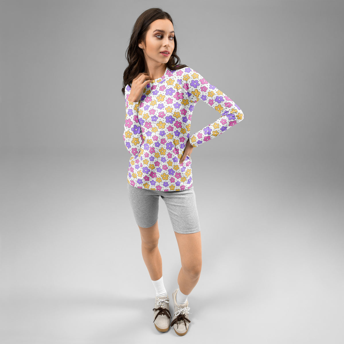 Women's Pink Purple Yellow Retro Flower Long Sleeve Rash Guard Swim Shirt – Buttery Soft, Sun Safe UPF 50+ Protection, Quick Dry & 4-Way Stretch Comfort
