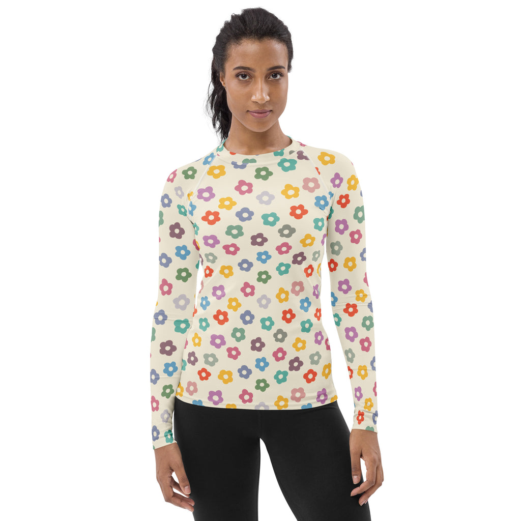 Women's Multicolor Retro Flower Long Sleeve Rash Guard Swim Shirt – Buttery Soft, Sun Safe UPF 50+ Protection, Quick Dry & 4-Way Stretch Comfort
