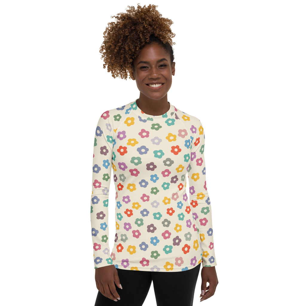 Women's Multicolor Retro Flower Long Sleeve Rash Guard Swim Shirt – Buttery Soft, Sun Safe UPF 50+ Protection, Quick Dry & 4-Way Stretch Comfort