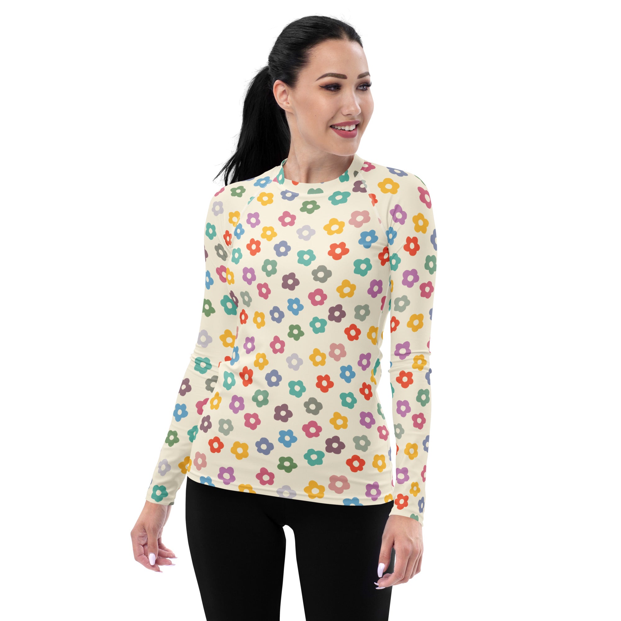 Women's Multicolor Retro Flower Long Sleeve Rash Guard Swim Shirt – Buttery Soft, Sun Safe UPF 50+ Protection, Quick Dry & 4-Way Stretch Comfort