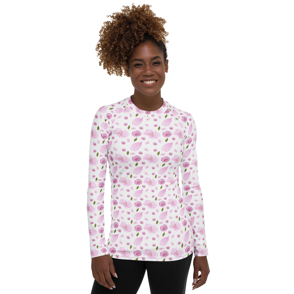 Women's Pink Watercolor Floral Long Sleeve Rash Guard Swim Shirt – Buttery Soft, Sun Safe UPF 50+ Protection, Quick Dry & 4-Way Stretch Comfort