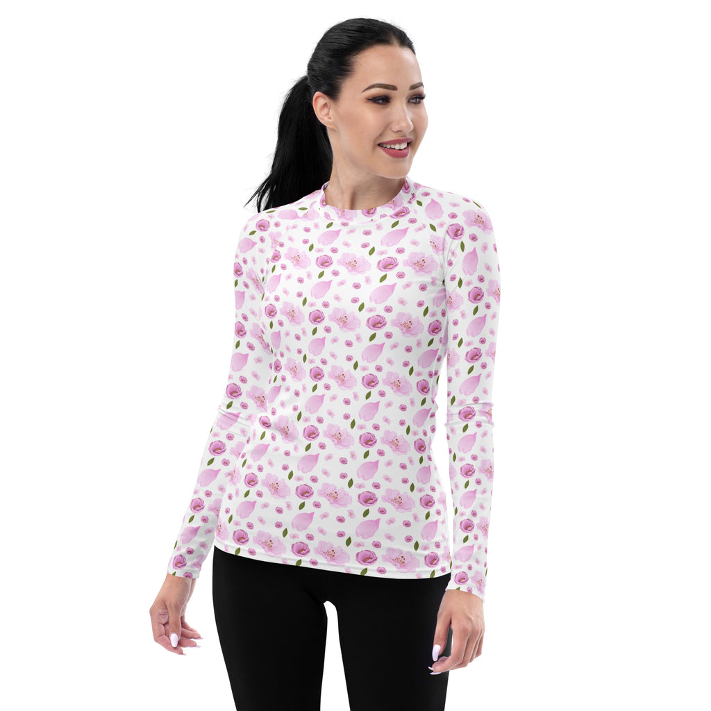 Women's Pink Watercolor Floral Long Sleeve Rash Guard Swim Shirt – Buttery Soft, Sun Safe UPF 50+ Protection, Quick Dry & 4-Way Stretch Comfort