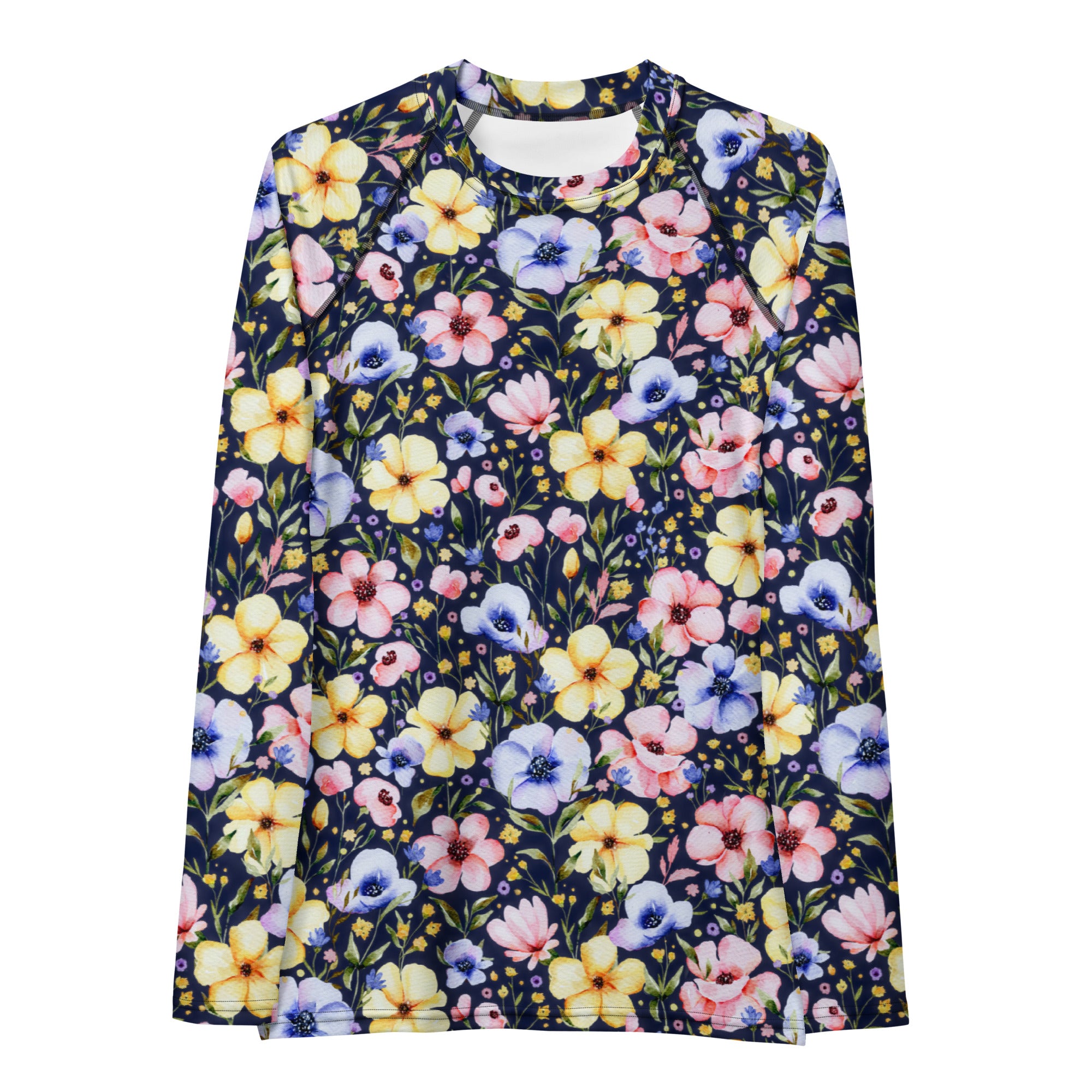 Women's Navy Watercolor Wildflower Long Sleeve Rash Guard Swim Shirt – Buttery Soft, Sun Safe UPF 50+ Protection, Quick Dry & 4-Way Stretch Comfort