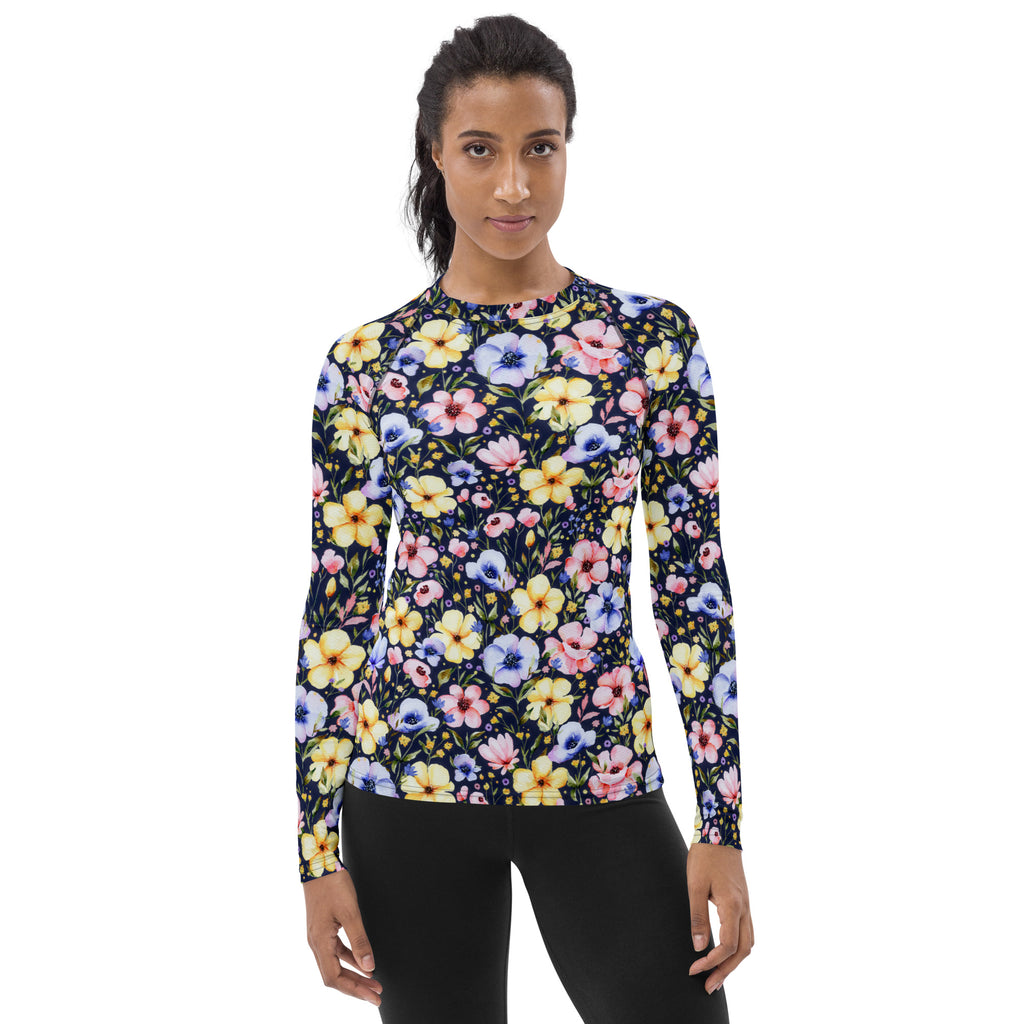 Women's Navy Watercolor Wildflower Long Sleeve Rash Guard Swim Shirt – Buttery Soft, Sun Safe UPF 50+ Protection, Quick Dry & 4-Way Stretch Comfort