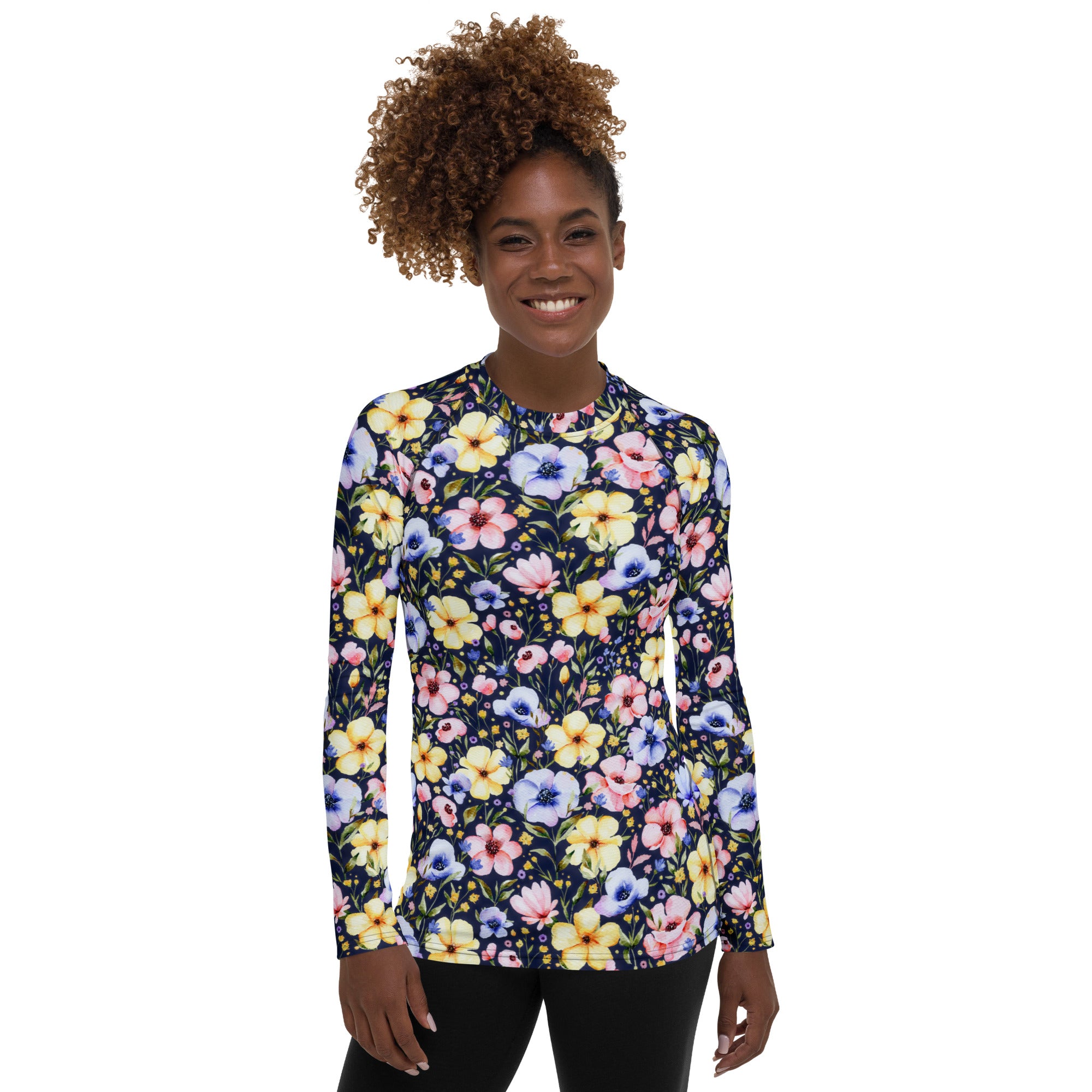 Women's Navy Watercolor Wildflower Long Sleeve Rash Guard Swim Shirt – Buttery Soft, Sun Safe UPF 50+ Protection, Quick Dry & 4-Way Stretch Comfort