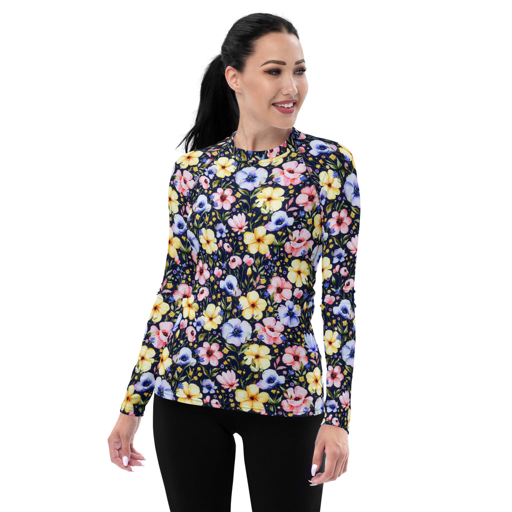 Women's Navy Watercolor Wildflower Long Sleeve Rash Guard Swim Shirt – Buttery Soft, Sun Safe UPF 50+ Protection, Quick Dry & 4-Way Stretch Comfort