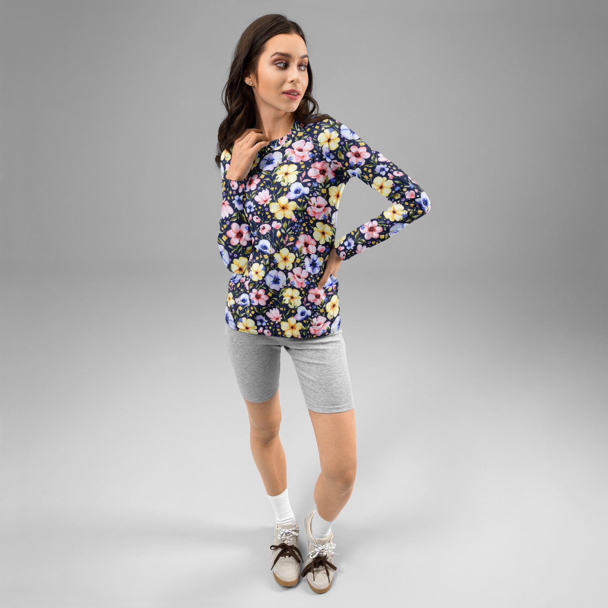 Women's Navy Watercolor Wildflower Long Sleeve Rash Guard Swim Shirt – Buttery Soft, Sun Safe UPF 50+ Protection, Quick Dry & 4-Way Stretch Comfort