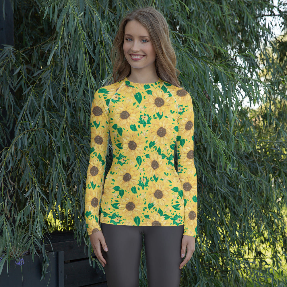 Women's Watercolor Sunflower Long Sleeve Rash Guard Swim Shirt – Buttery Soft, Sun Safe UPF 50+ Protection, Quick Dry & 4-Way Stretch Comfort