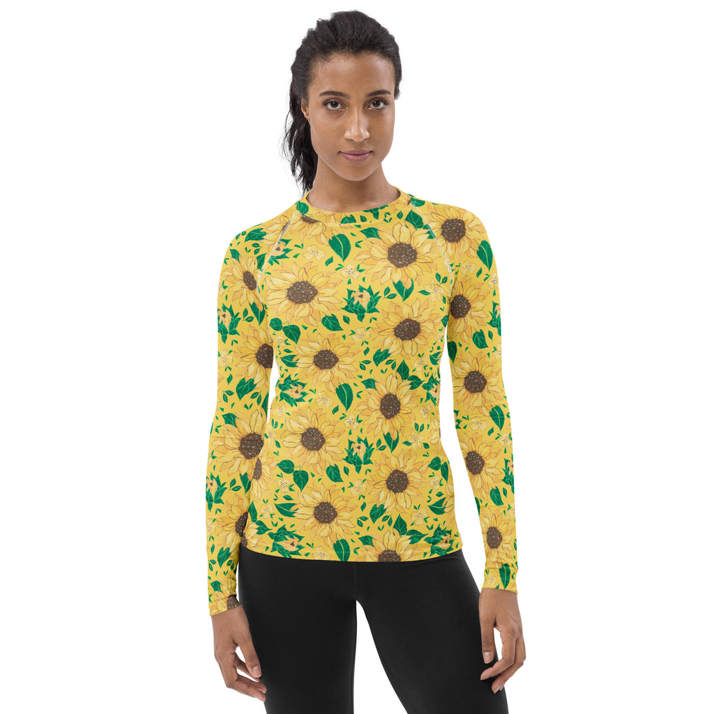 Women's Watercolor Sunflower Long Sleeve Rash Guard Swim Shirt – Buttery Soft, Sun Safe UPF 50+ Protection, Quick Dry & 4-Way Stretch Comfort