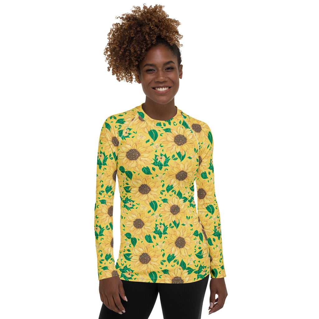 Women's Watercolor Sunflower Long Sleeve Rash Guard Swim Shirt – Buttery Soft, Sun Safe UPF 50+ Protection, Quick Dry & 4-Way Stretch Comfort