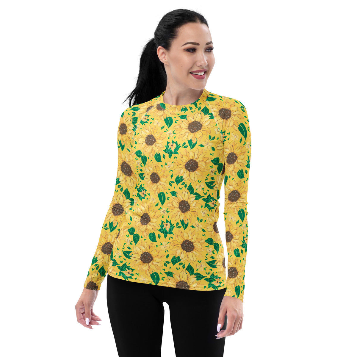 Women's Watercolor Sunflower Long Sleeve Rash Guard Swim Shirt – Buttery Soft, Sun Safe UPF 50+ Protection, Quick Dry & 4-Way Stretch Comfort