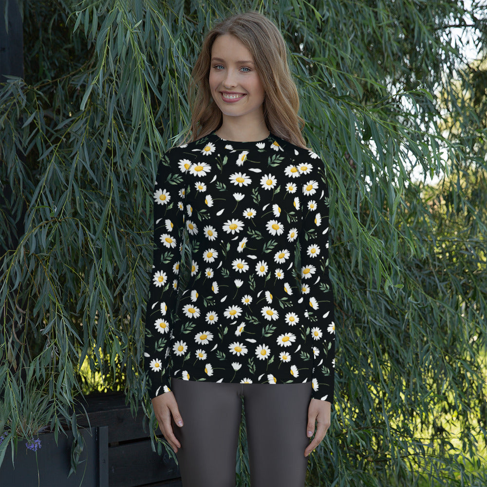 Women's Black Daisy Long Sleeve Rash Guard Swim Shirt – Buttery Soft, Sun Safe UPF 50+ Protection, Quick Dry & 4-Way Stretch Comfort