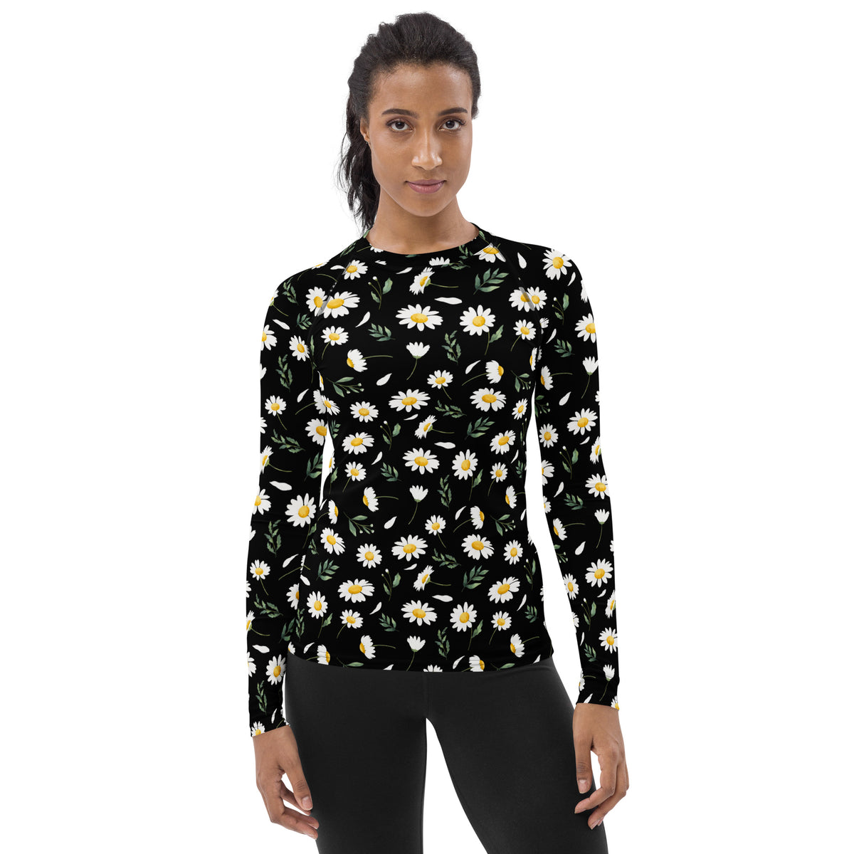 Women's Black Daisy Long Sleeve Rash Guard Swim Shirt – Buttery Soft, Sun Safe UPF 50+ Protection, Quick Dry & 4-Way Stretch Comfort