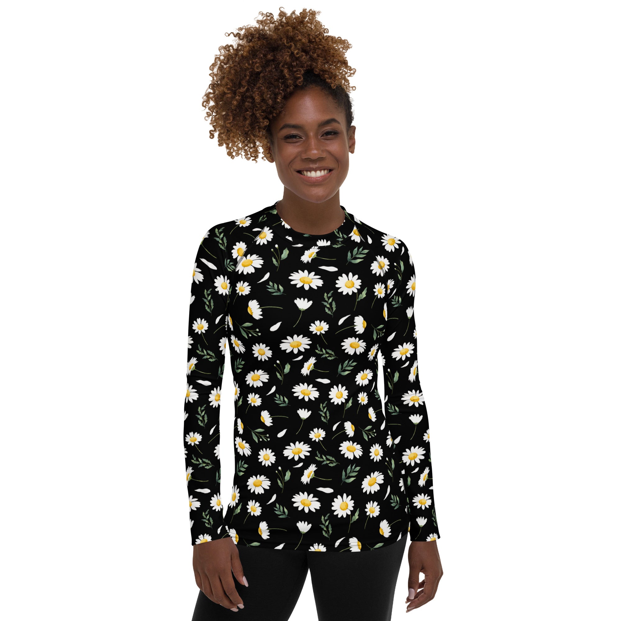 Women's Black Daisy Long Sleeve Rash Guard Swim Shirt – Buttery Soft, Sun Safe UPF 50+ Protection, Quick Dry & 4-Way Stretch Comfort