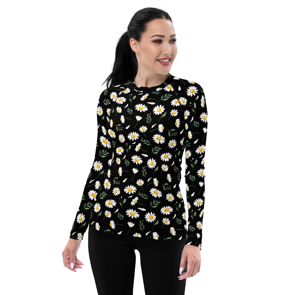 Women's Black Daisy Long Sleeve Rash Guard Swim Shirt – Buttery Soft, Sun Safe UPF 50+ Protection, Quick Dry & 4-Way Stretch Comfort