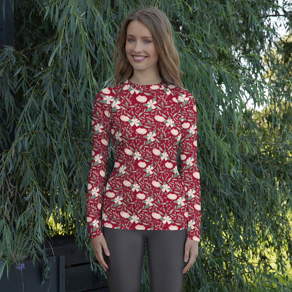Women's Dark Red Floral Long Sleeve Rash Guard Swim Shirt – Buttery Soft, Sun Safe UPF 50+ Protection, Quick Dry & 4-Way Stretch Comfort