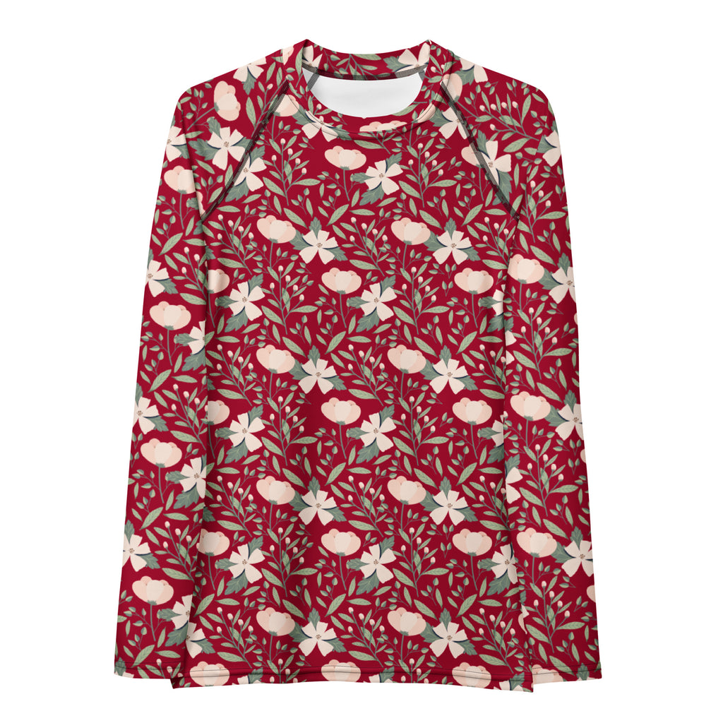Women's Dark Red Floral Long Sleeve Rash Guard Swim Shirt – Buttery Soft, Sun Safe UPF 50+ Protection, Quick Dry & 4-Way Stretch Comfort