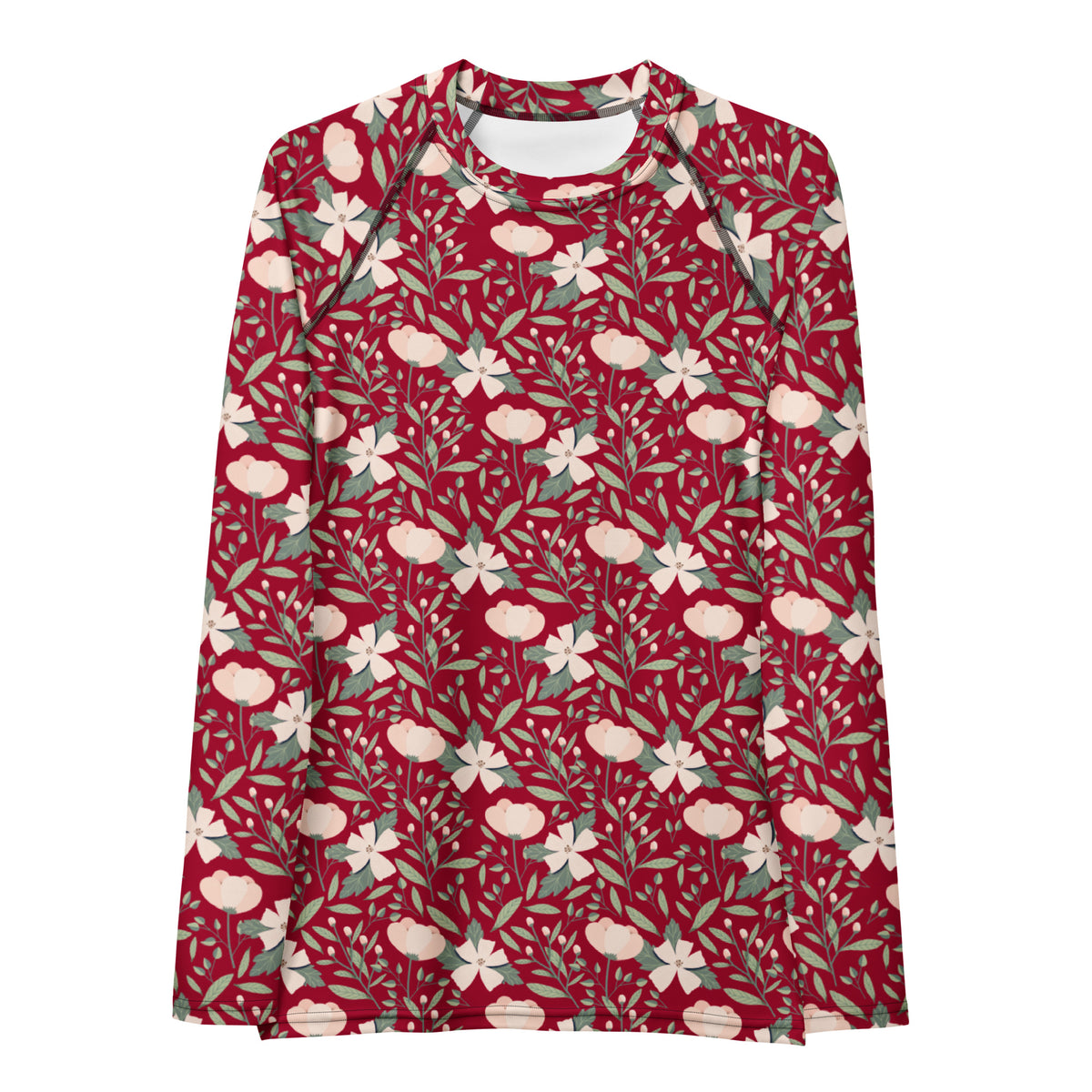 Women's Dark Red Floral Long Sleeve Rash Guard Swim Shirt – Buttery Soft, Sun Safe UPF 50+ Protection, Quick Dry & 4-Way Stretch Comfort