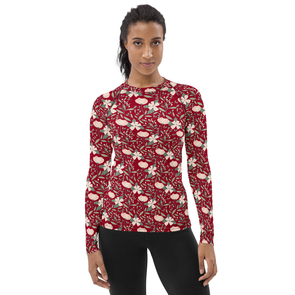 Women's Dark Red Floral Long Sleeve Rash Guard Swim Shirt – Buttery Soft, Sun Safe UPF 50+ Protection, Quick Dry & 4-Way Stretch Comfort