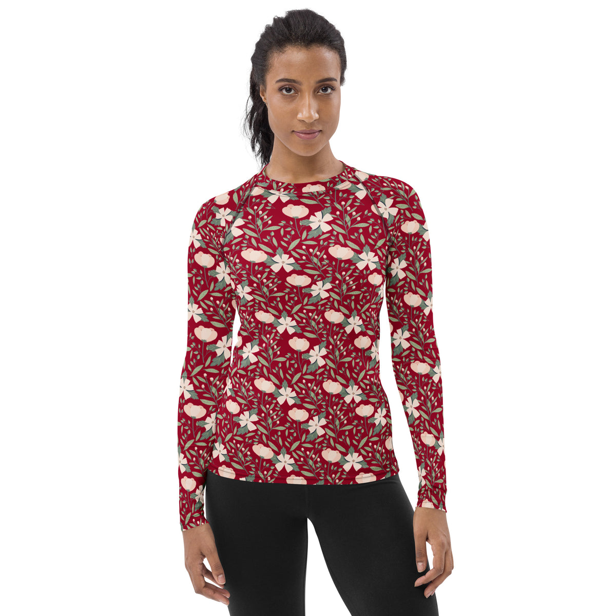 Women's Dark Red Floral Long Sleeve Rash Guard Swim Shirt – Buttery Soft, Sun Safe UPF 50+ Protection, Quick Dry & 4-Way Stretch Comfort