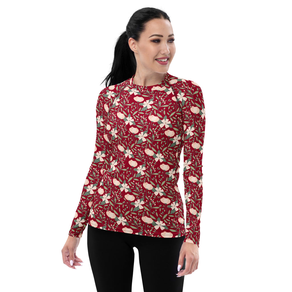 Women's Dark Red Floral Long Sleeve Rash Guard Swim Shirt – Buttery Soft, Sun Safe UPF 50+ Protection, Quick Dry & 4-Way Stretch Comfort
