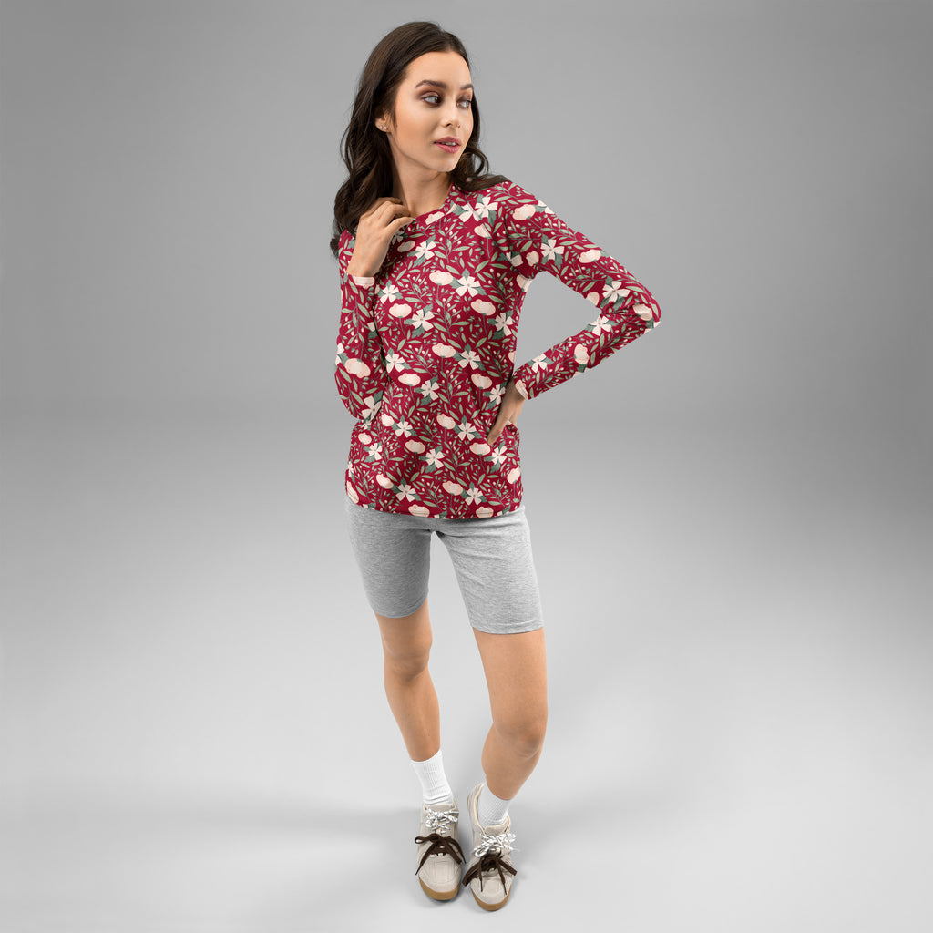 Women's Dark Red Floral Long Sleeve Rash Guard Swim Shirt – Buttery Soft, Sun Safe UPF 50+ Protection, Quick Dry & 4-Way Stretch Comfort