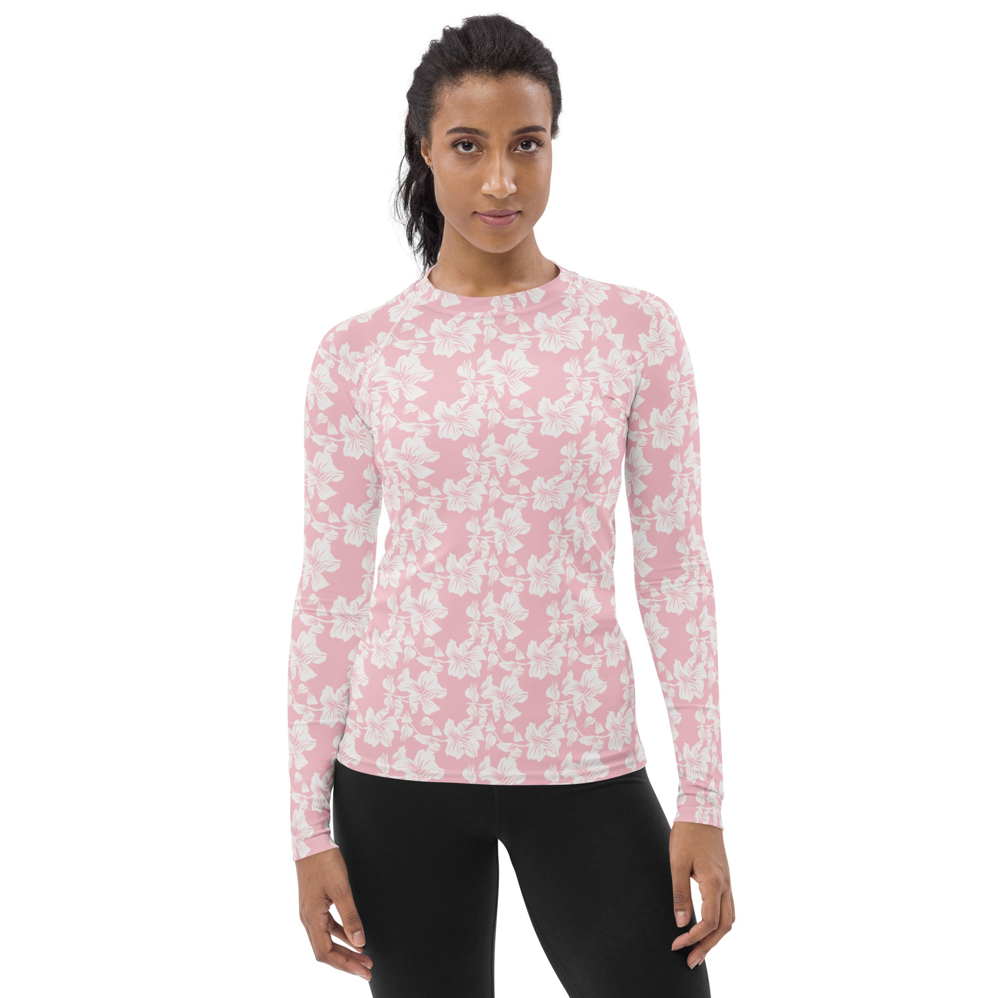 Women's Pink Tropical Floral Long Sleeve Rash Guard Swim Shirt – Buttery Soft, Sun Safe UPF 50+ Protection, Quick Dry & 4-Way Stretch Comfort
