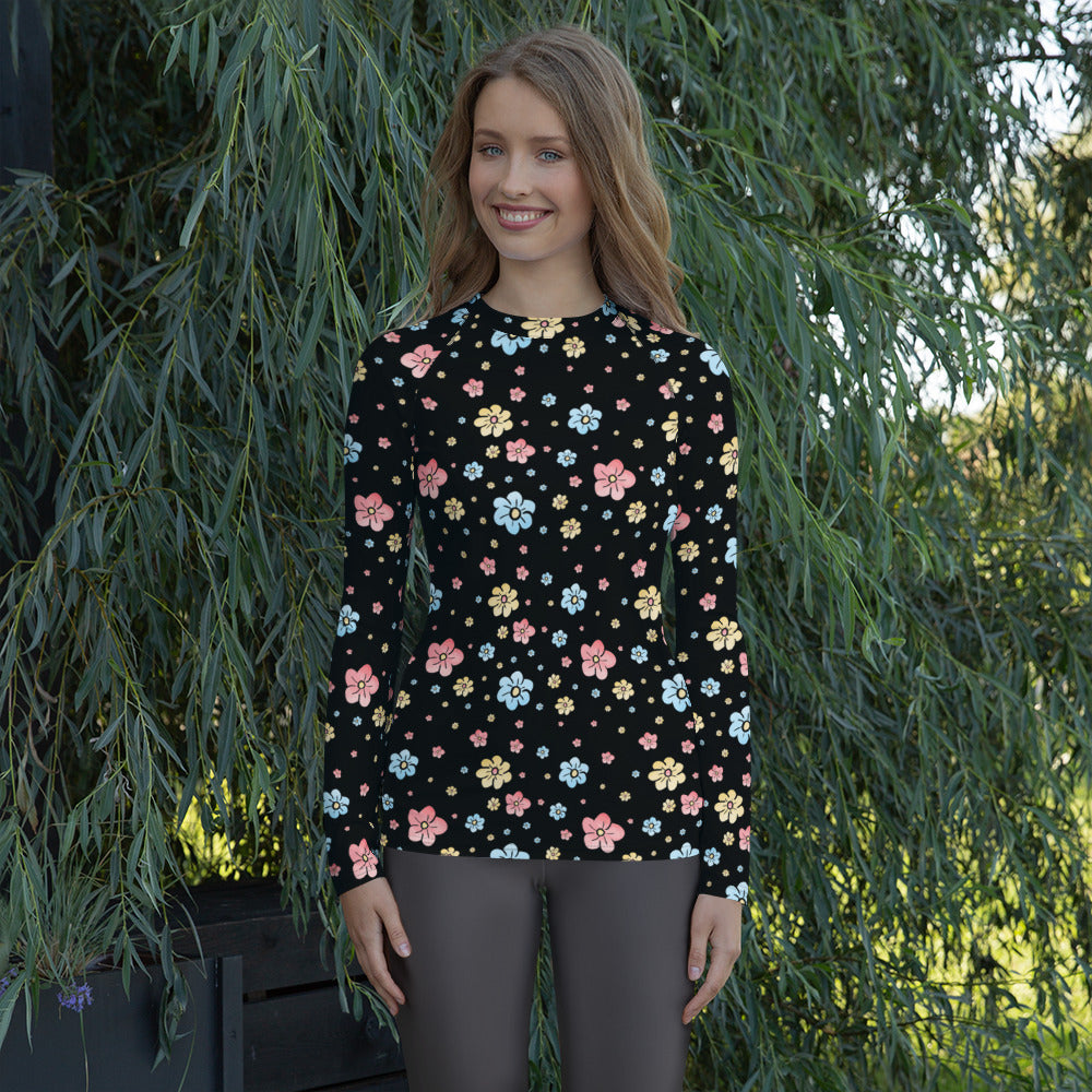 Women's Black Floral Long Sleeve Rash Guard Swim Shirt – Buttery Soft, Sun Safe UPF 50+ Protection, Quick Dry & 4-Way Stretch Comfort