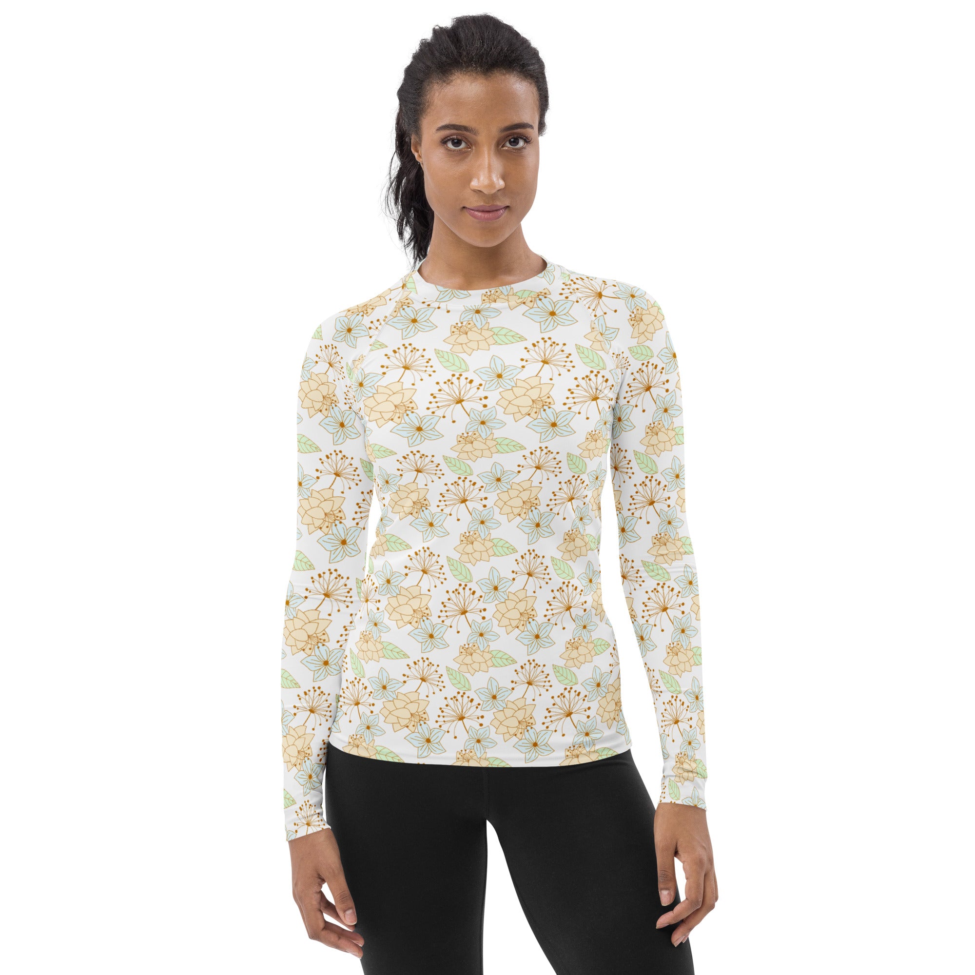 Women's Cream Floral Long Sleeve Rash Guard Swim Shirt – Buttery Soft, Sun Safe UPF 50+ Protection, Quick Dry & 4-Way Stretch Comfort