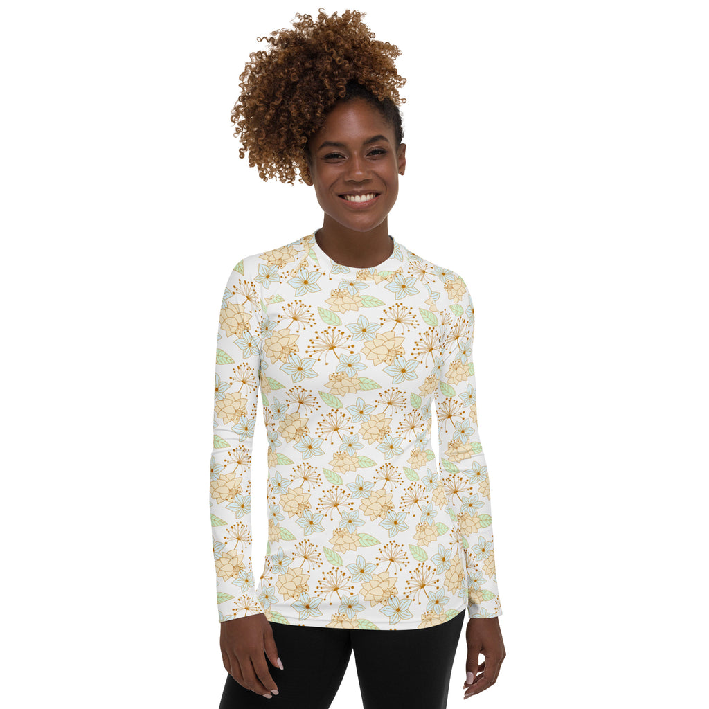 Women's Cream Floral Long Sleeve Rash Guard Swim Shirt – Buttery Soft, Sun Safe UPF 50+ Protection, Quick Dry & 4-Way Stretch Comfort