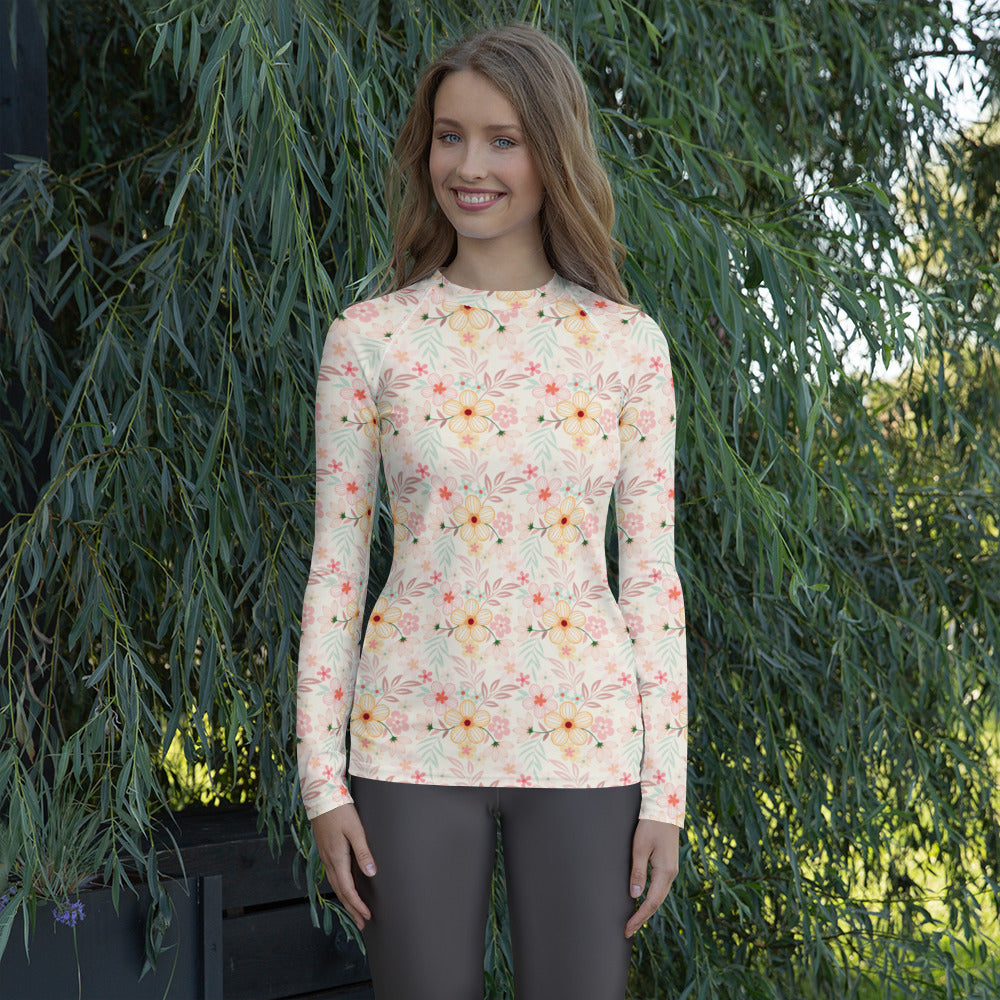 Women's Pastel Pink Wildflower Long Sleeve Rash Guard Swim Shirt – Buttery Soft, Sun Safe UPF 50+ Protection, Quick Dry & 4-Way Stretch Comfort