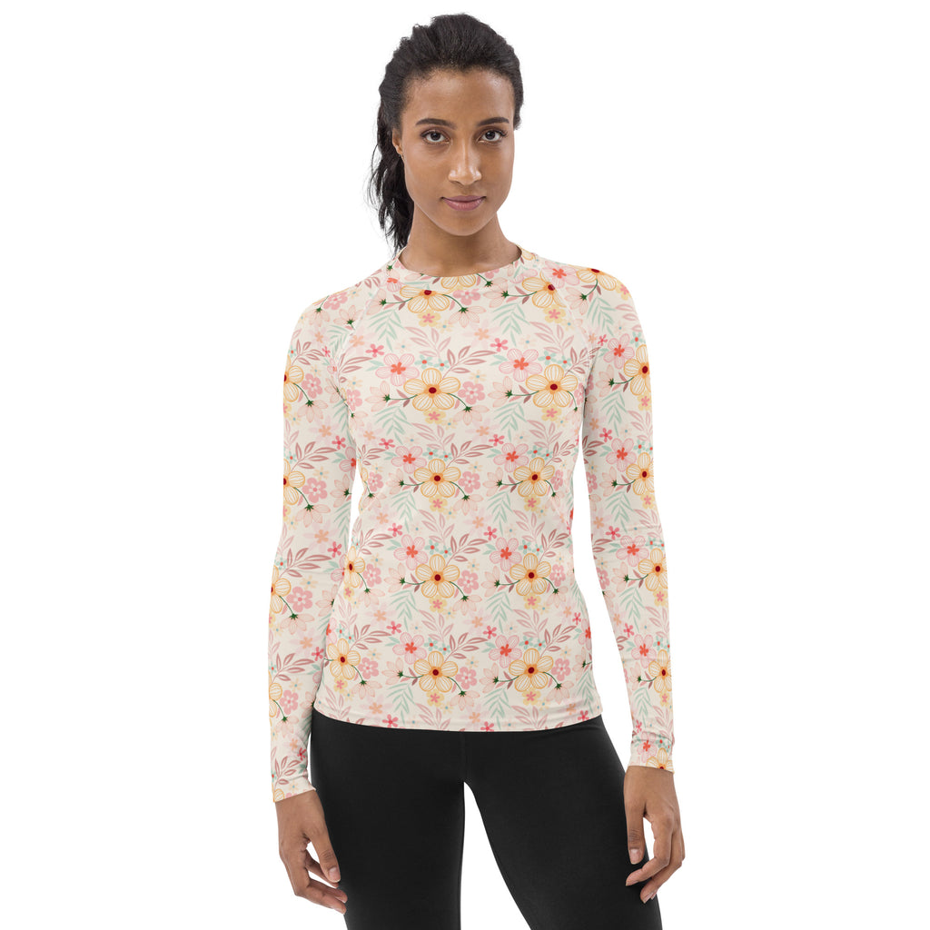 Women's Pastel Pink Wildflower Long Sleeve Rash Guard Swim Shirt – Buttery Soft, Sun Safe UPF 50+ Protection, Quick Dry & 4-Way Stretch Comfort
