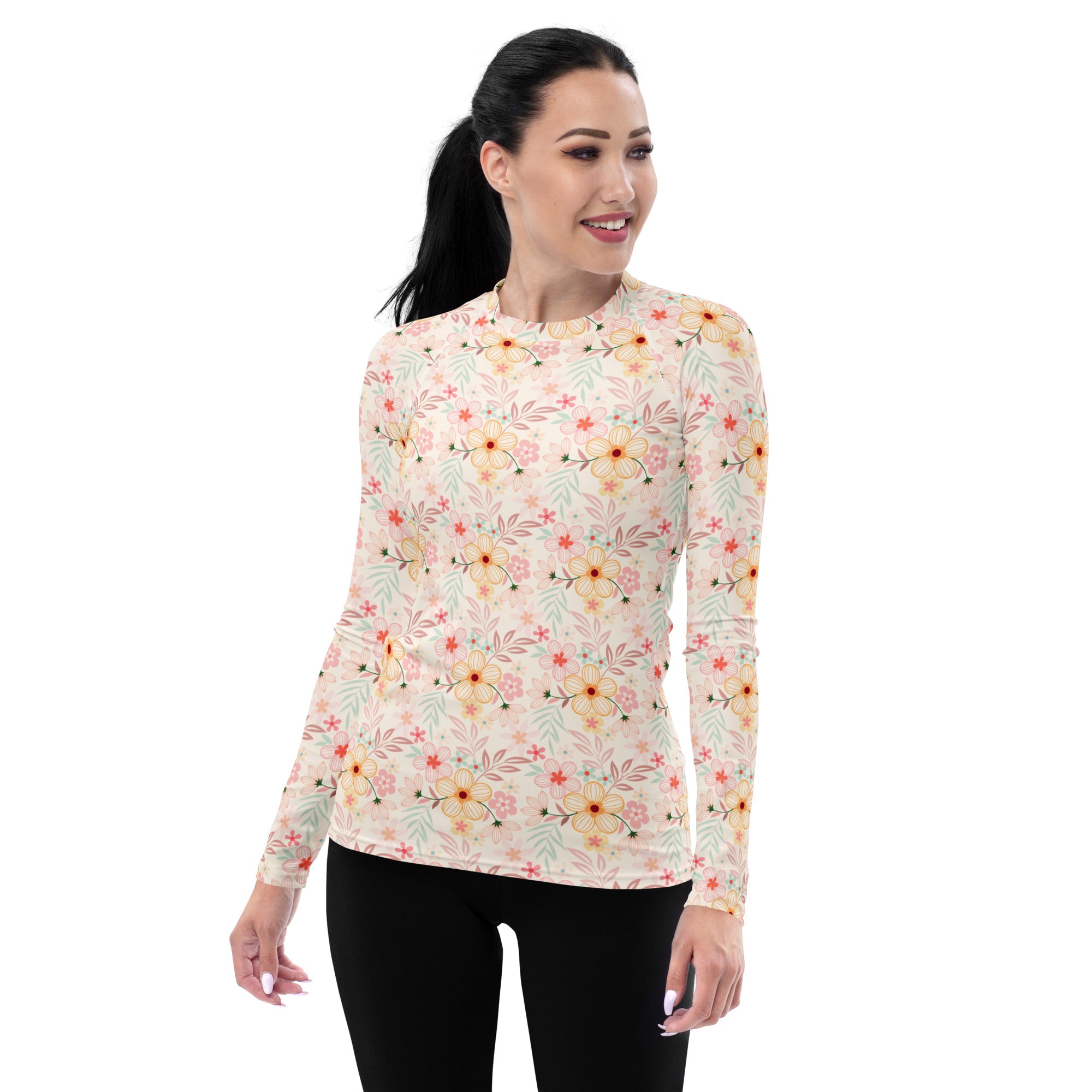 Women's Pastel Pink Wildflower Long Sleeve Rash Guard Swim Shirt – Buttery Soft, Sun Safe UPF 50+ Protection, Quick Dry & 4-Way Stretch Comfort