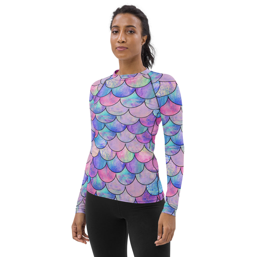 Women's Pastel Mermaid Buttery Soft Long Sleeve Rash Guard Swim Shirt With UPF 50+